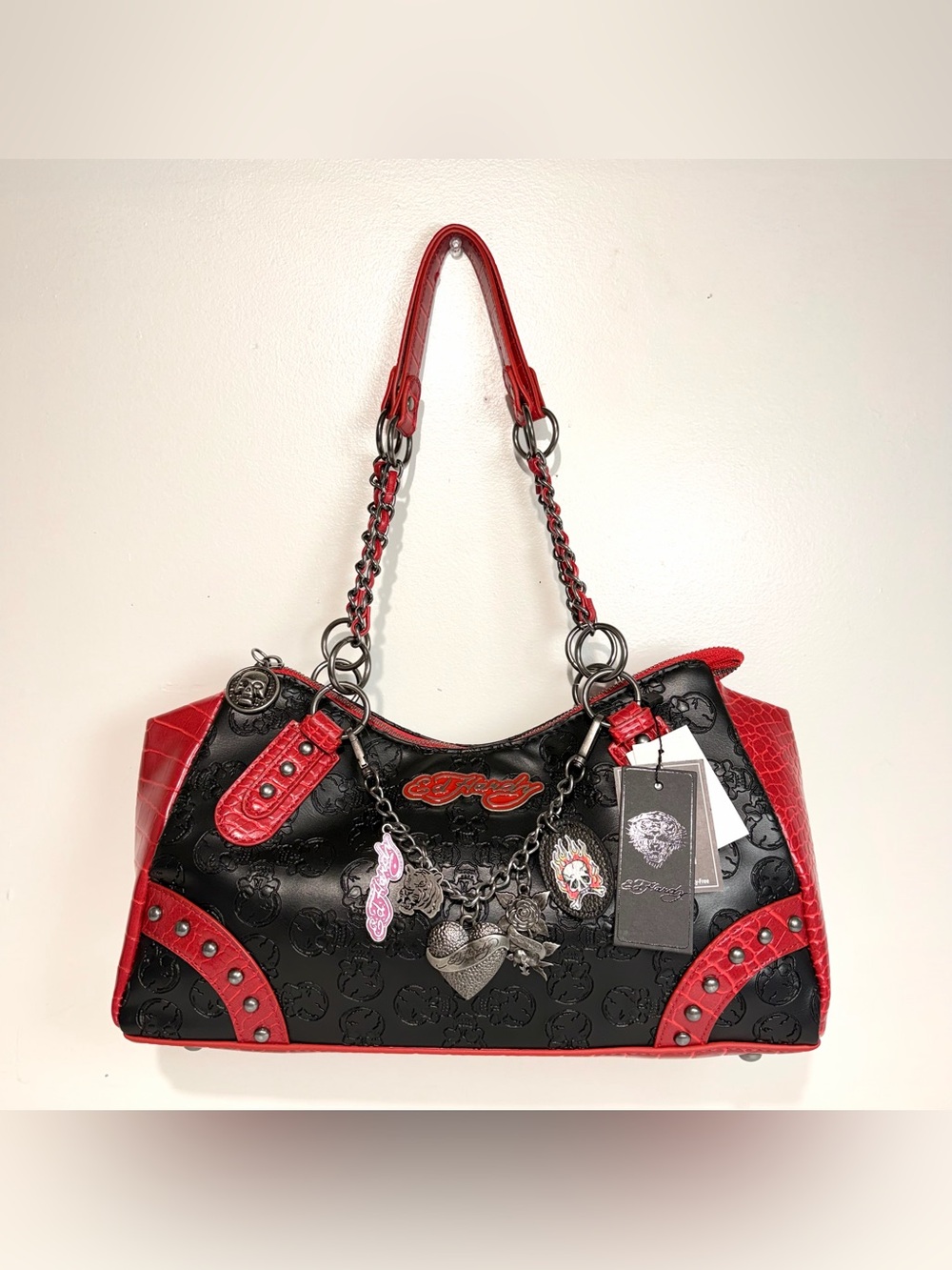 Ed Hardy Black and Red Chain Charm Shoulder tote Bag NWT